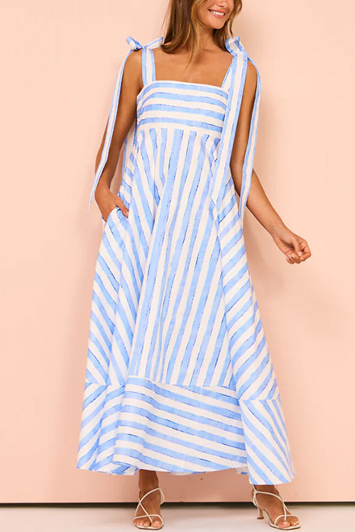 Karladress Pocketed Bow Shoulder Striped Swing Maxi Cami Dress