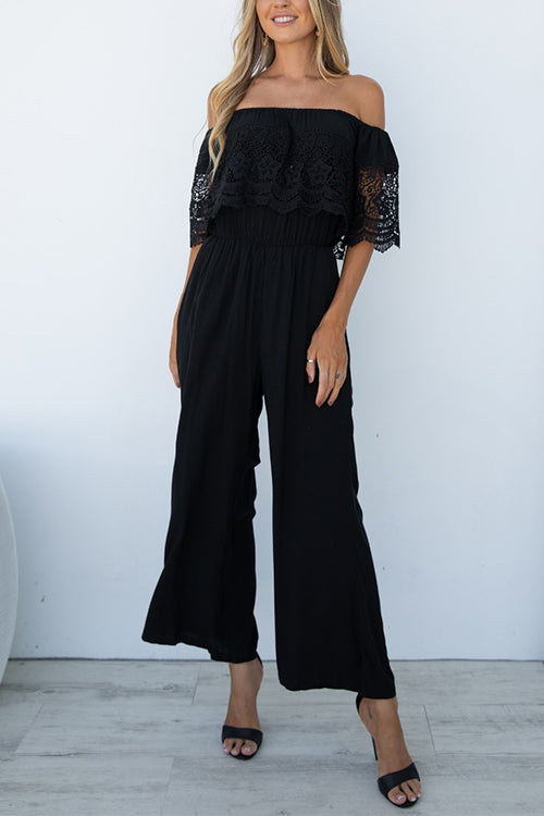 Off Shoulder Waisted Wide Leg Ruffle Lace Jumpsuit