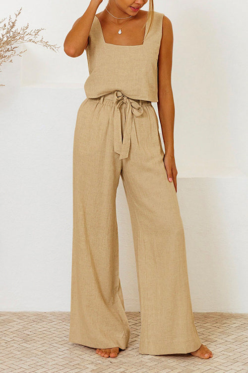 Karladress Square Collar Crop Tank Top Tie Waist Wide Leg Pants Cotton Linen Set