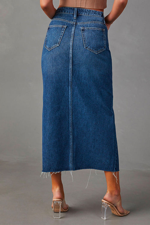 Karladress High Rise Raw Hem Slit Front Denim Midi Skirt