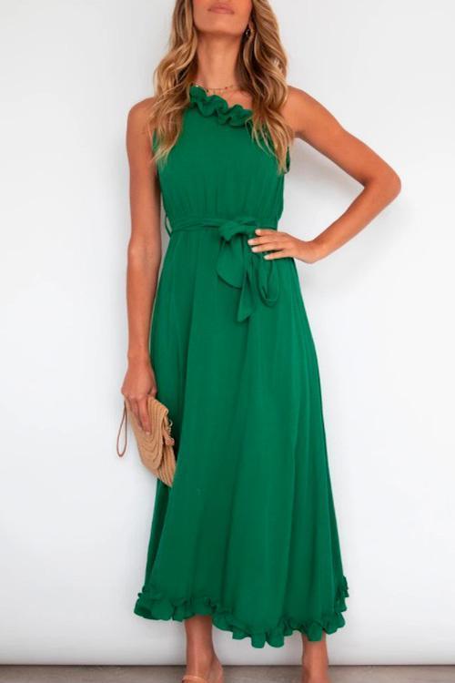 Karladress One Shoulder Sleeveless Tie Waist Ruffle Swing Dress