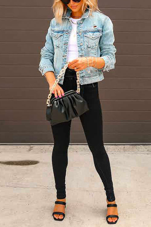 Karladress Distressed Button Up Ripped Short Denim Jacket