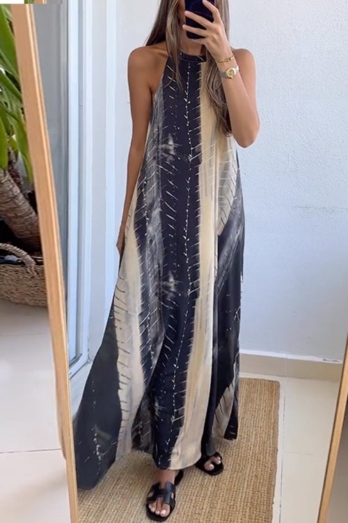 Karladress Halter Neck Backless Color Block Printed Maxi Dress