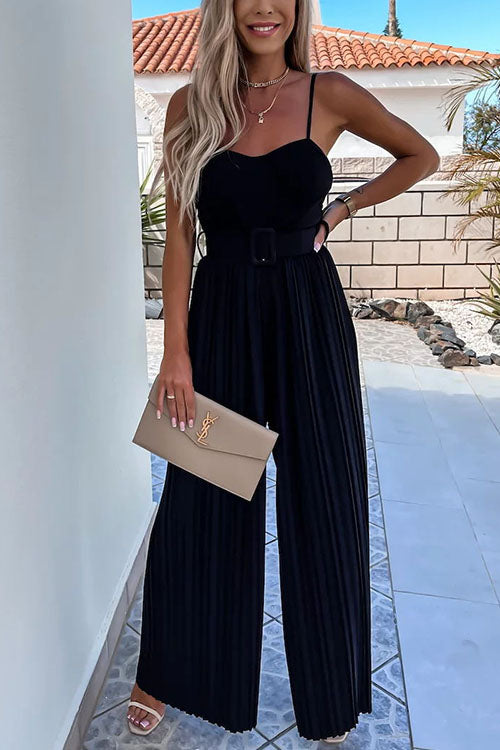 Karladress Spaghetti Strap Belted Pleated Wide Leg Jumpsuit