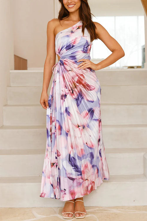 Karladress One Shoulder Sleeveless Cut Out Floral Print Pleated Maxi Dress