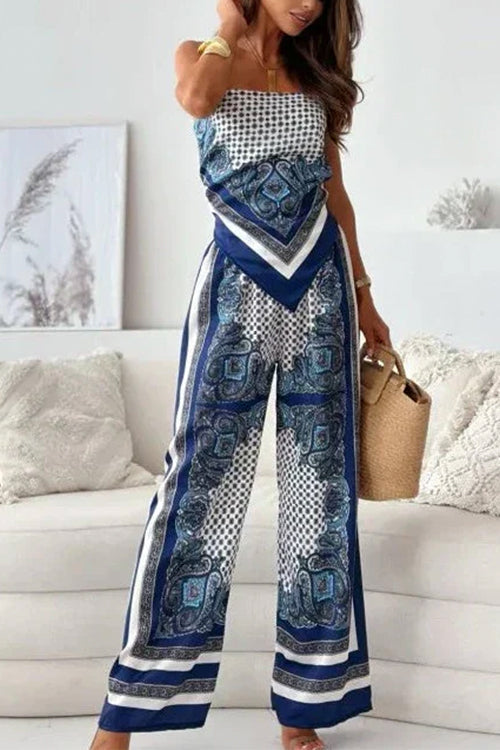 Karladress Tie Knot Backless Cami Top Wide Leg Pants Printed Set