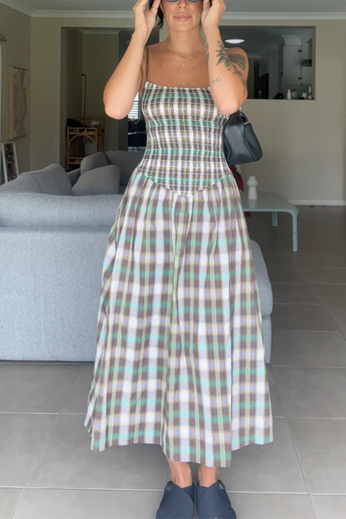 Spaghetti Strap Smocked Plaid Midi Dress