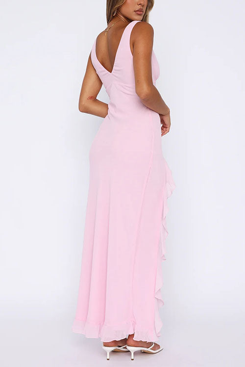 Karladress V Neck Sleeveless Ruffle Trim Slit Maxi Dress