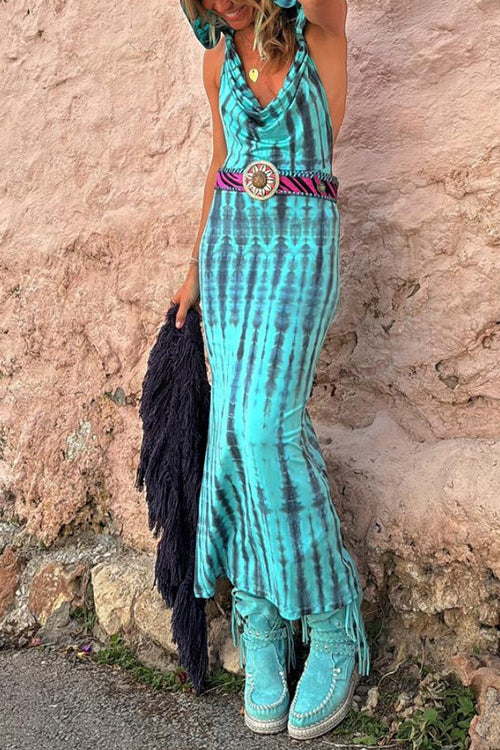 Karladress Cowl Neck Backless Tie Dye Hoodied Maxi Dress