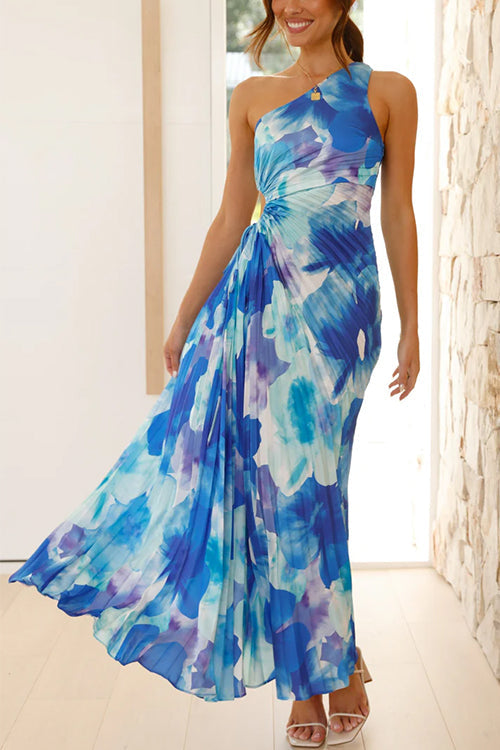 Karladress One Shoulder Sleeveless Cut Out Printed Swing Maxi Dress