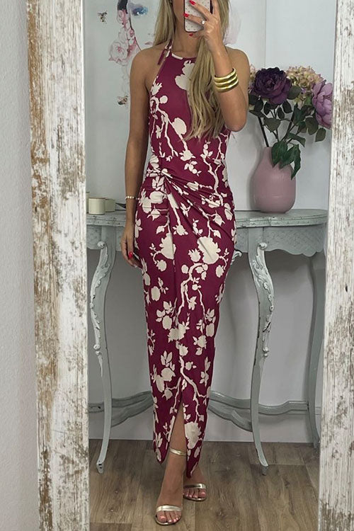 Karladress Halter Twist Front Slit Floral Printed Maxi Dress