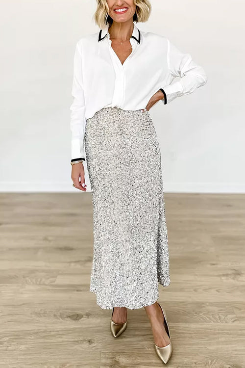 High Waist Shiny Sequin Midi Party Skirt