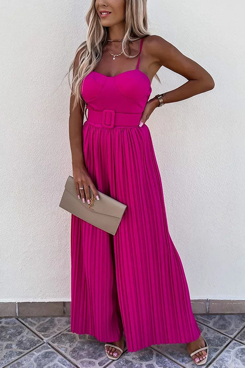 Karladress Spaghetti Strap Belted Pleated Wide Leg Jumpsuit