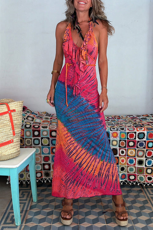 Karladress Ruffle Trim Halter Lace-up Backless Tie Dye Maxi Dress