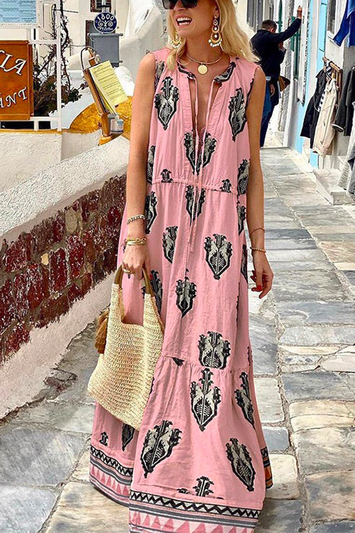 Karladress Tassle Deep V Neck Sleeveless Printed Maxi Swing Holiday Dress