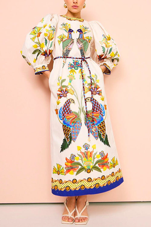 Karladress 3/4 Puff Sleeves Back Slit Birdie Printed Maxi Dress