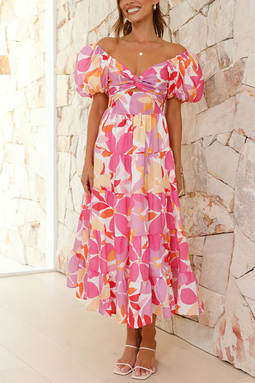 Karladress Twist Knot Cut Out Puffle Sleeves Printed Ruffle Maxi Dress