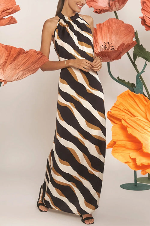 Karladress Tie Neck Sleeveless Color Block Printed Maxi Dress