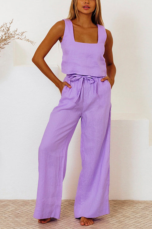 Karladress Square Collar Crop Tank Top Tie Waist Wide Leg Pants Cotton Linen Set