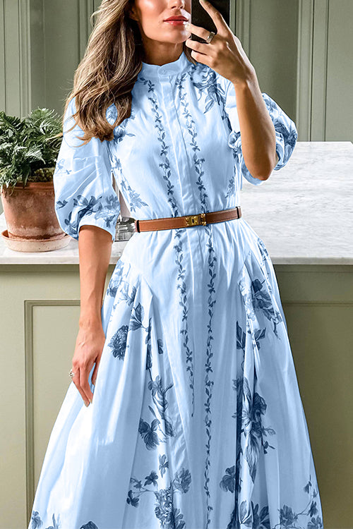 Stand Collar Puff Sleeves Printed Swing Midi Shirt Dress