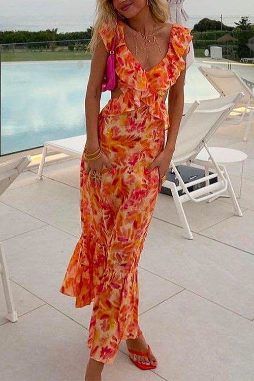 Karladress V Neck Cut Out Tie Back Printed Ruffle Maxi Dress