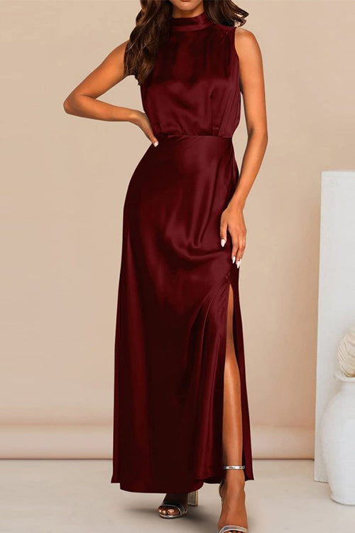 Karladress Sleeveless Mockneck Side Split Maxi Satin Dress