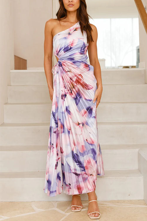 Karladress One Shoulder Sleeveless Cut Out Floral Print Pleated Maxi Dress