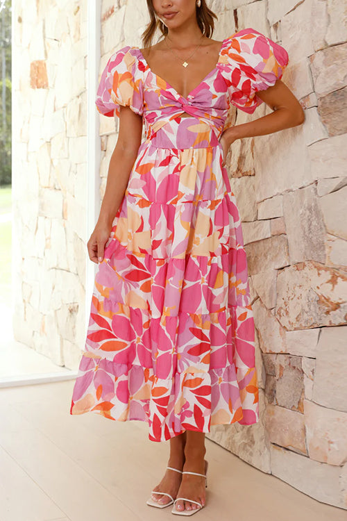 Karladress Twist Knot Cut Out Puffle Sleeves Printed Ruffle Maxi Dress