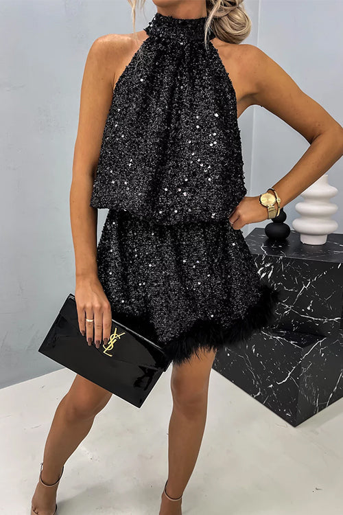 Karladress Halter Sleeveless Feather Hem Sequin Dress