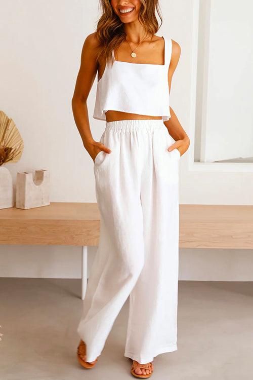 Karladress Square Collar Cami Crop Top Wide Leg Pants Cotton Linen Set