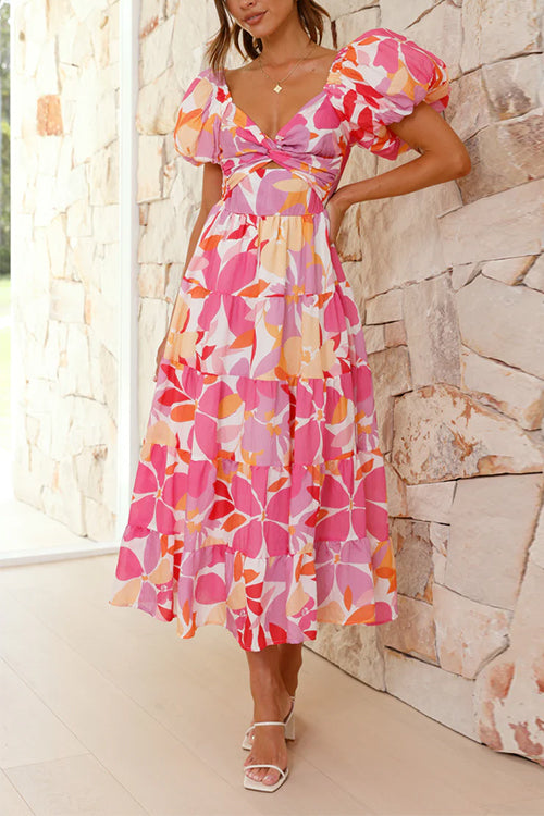 Karladress Twist Knot Cut Out Puffle Sleeves Printed Ruffle Maxi Dress