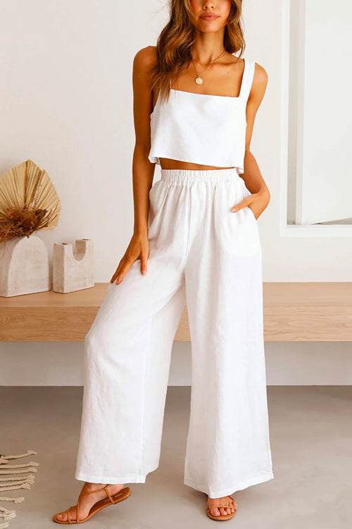 Karladress Square Collar Cami Crop Top Wide Leg Pants Cotton Linen Set