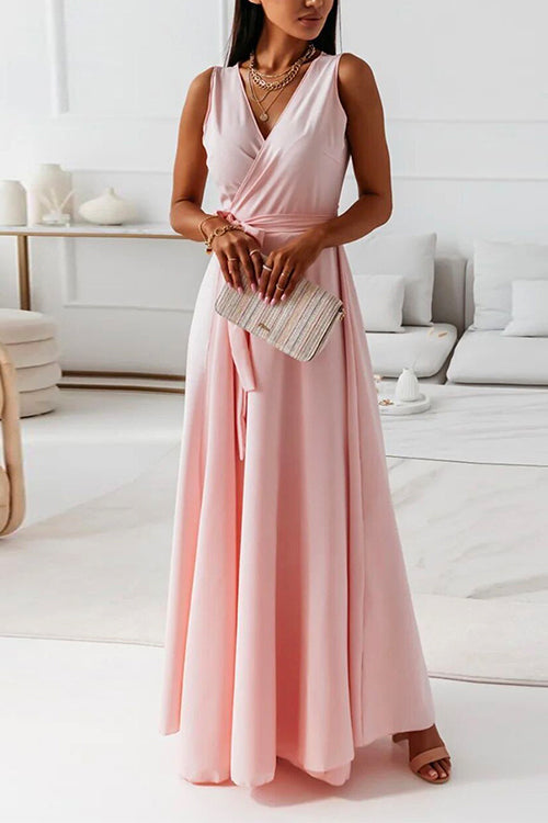 Karladress Wrap V Neck Tie Waist Sleeveless Maxi Swing Dress