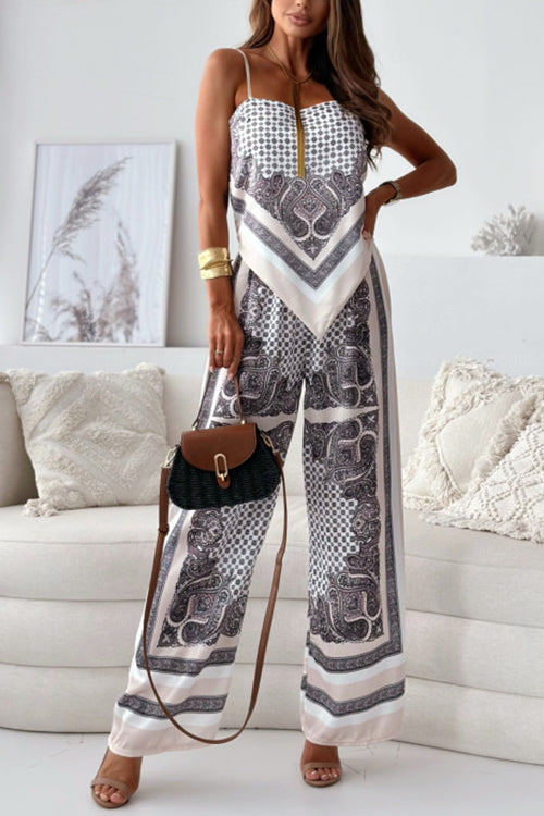 Karladress Tie Knot Backless Cami Top Wide Leg Pants Printed Set