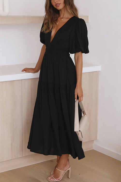 Karladress V Neck Lantern Sleeves Waisted Ruffle Maxi Dress