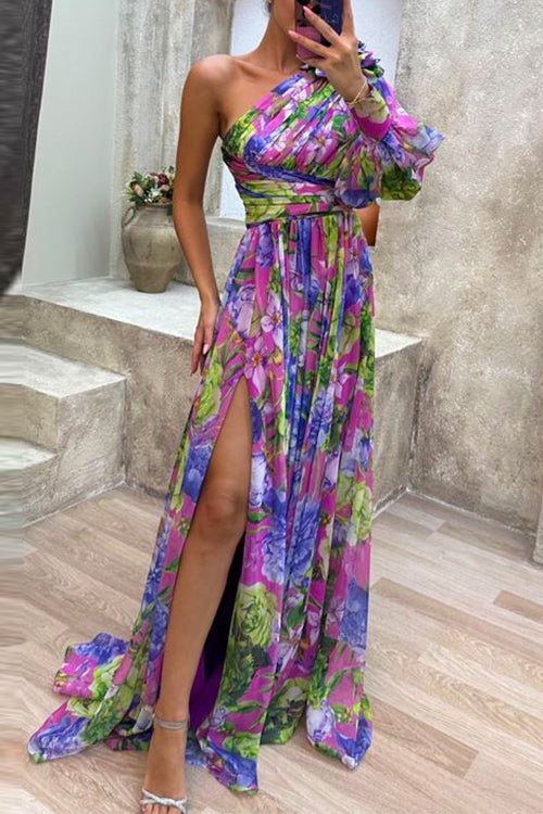 Karladress One Shoulder High Slit Waisted Floral Maxi Party Dress