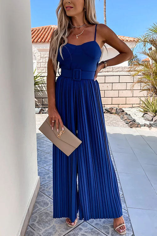 Karladress Spaghetti Strap Belted Pleated Wide Leg Jumpsuit