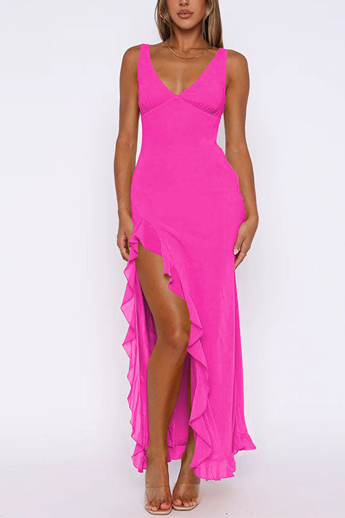 Karladress V Neck Sleeveless Ruffle Trim Slit Maxi Dress