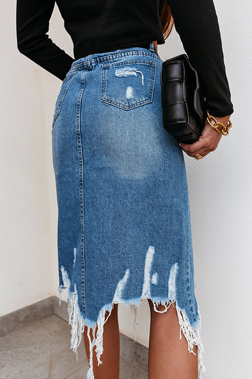 Karladress Irregular Frayed Hem Ribbed Denim Skirt