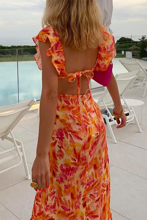 Karladress V Neck Cut Out Tie Back Printed Ruffle Maxi Dress