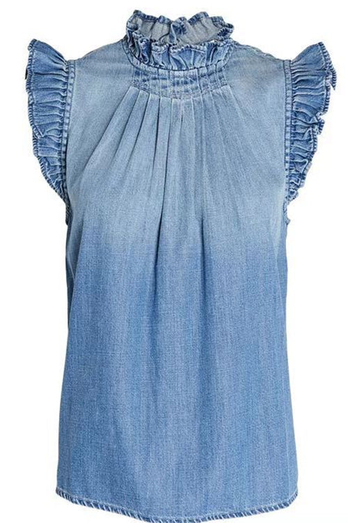 Karladress Mockneck Flutter Sleeves Ruched Denim Top