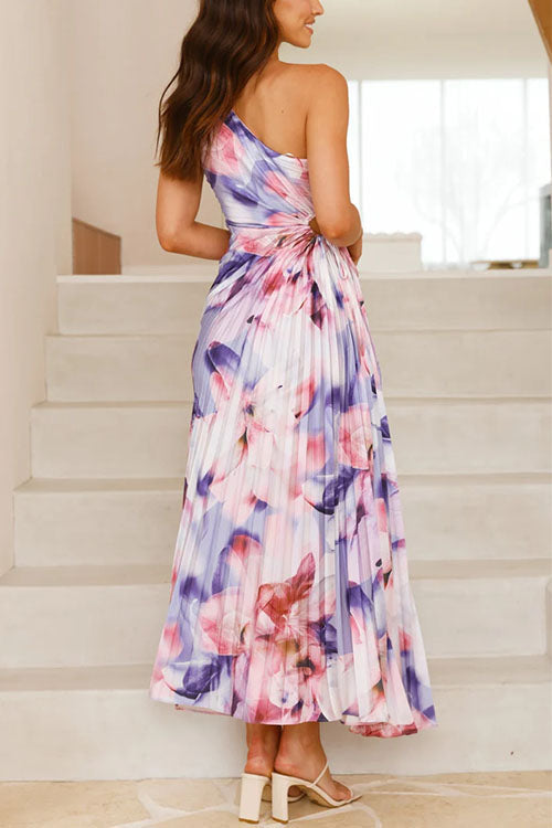 Karladress One Shoulder Sleeveless Cut Out Floral Print Pleated Maxi Dress