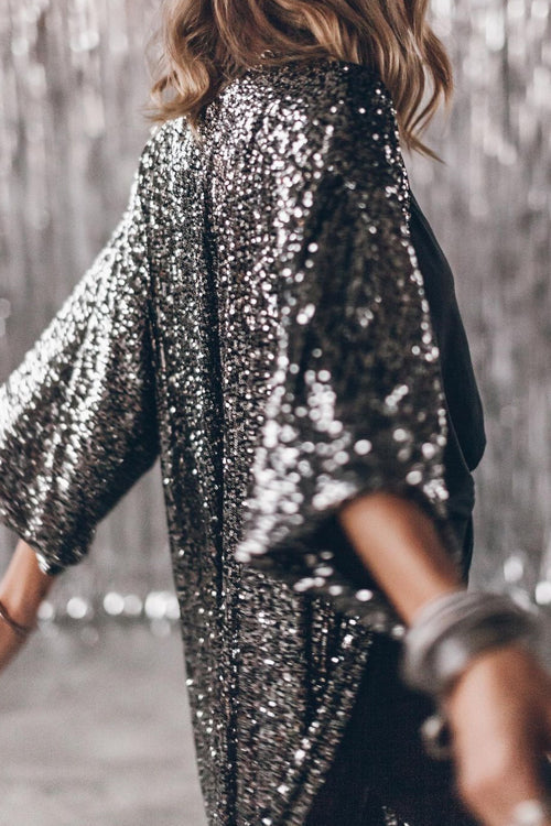 Karladress 3/4 Sleeves Open Front Sequin Shinny Midi Cardigan