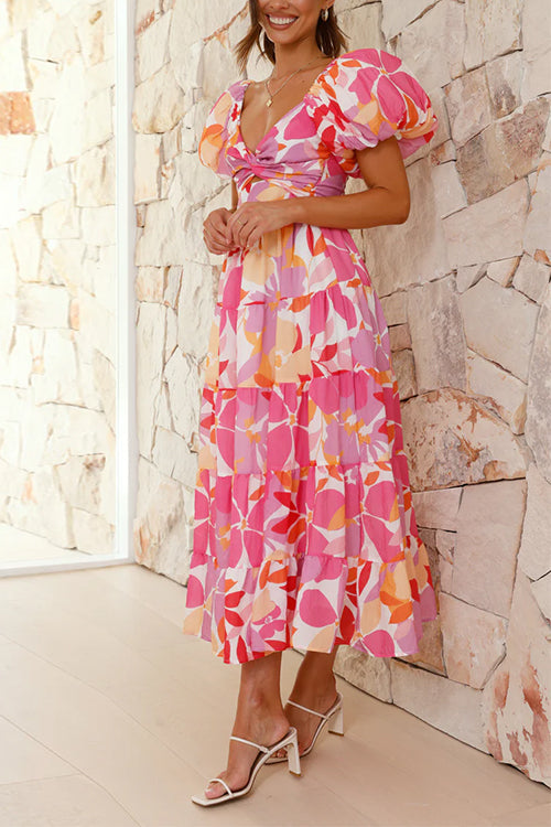 Karladress Twist Knot Cut Out Puffle Sleeves Printed Ruffle Maxi Dress