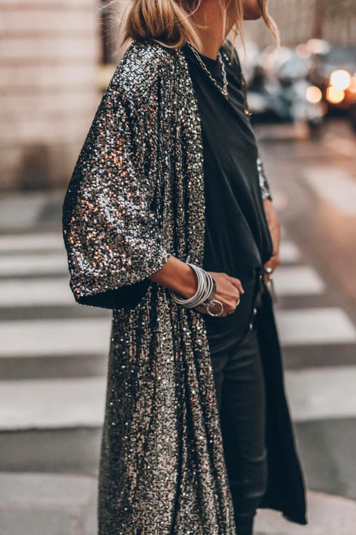 Karladress 3/4 Sleeves Open Front Sequin Shinny Midi Cardigan