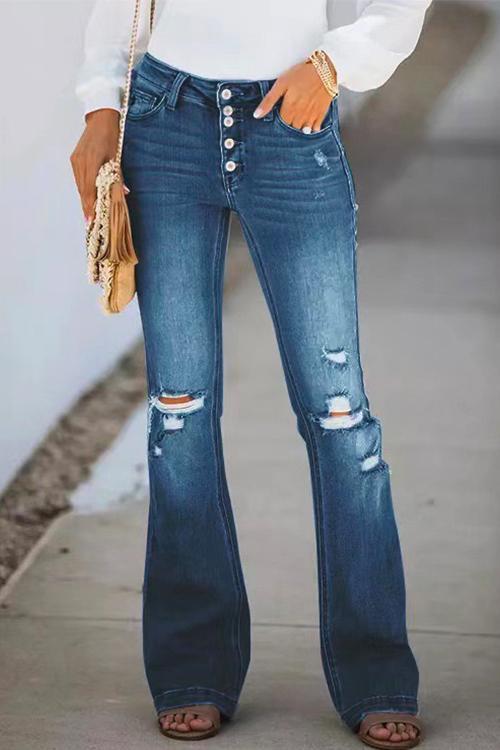 Karladress Flare Bottoms Ripped Buttons Jeans