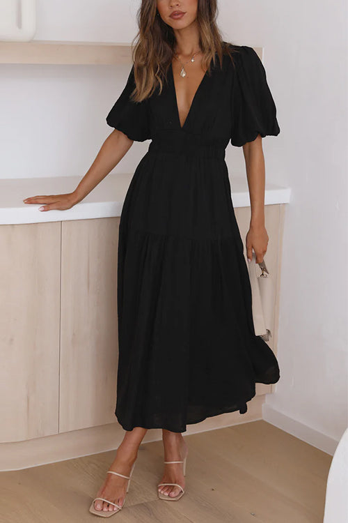 Karladress V Neck Lantern Sleeves Waisted Ruffle Maxi Dress