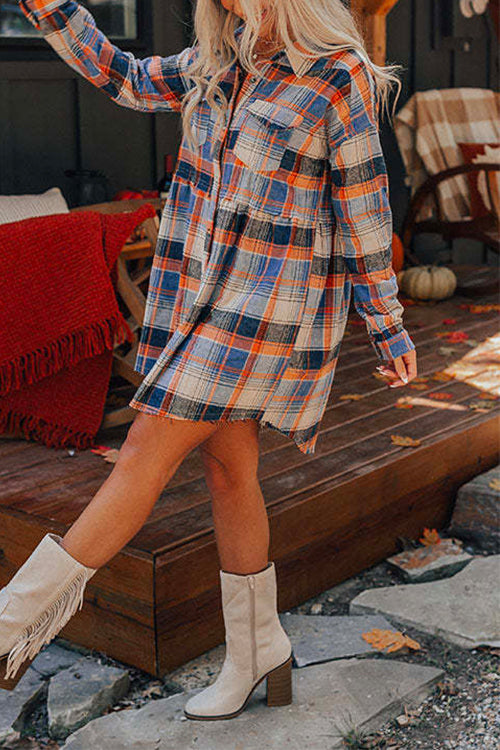 Karladress Lapel Pocketed Button Down Plaid Shirt Dress