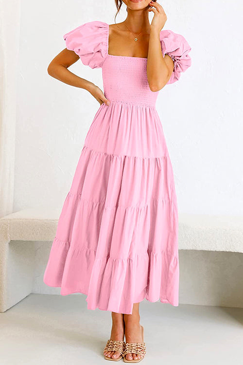 Karladress Square Collar Puff Sleeve Smocked Ruffle Tiered Dress