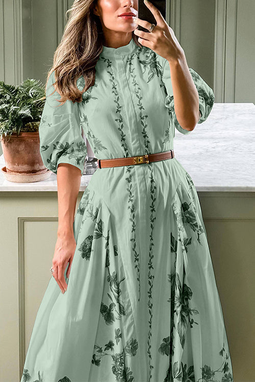 Stand Collar Puff Sleeves Printed Swing Midi Shirt Dress